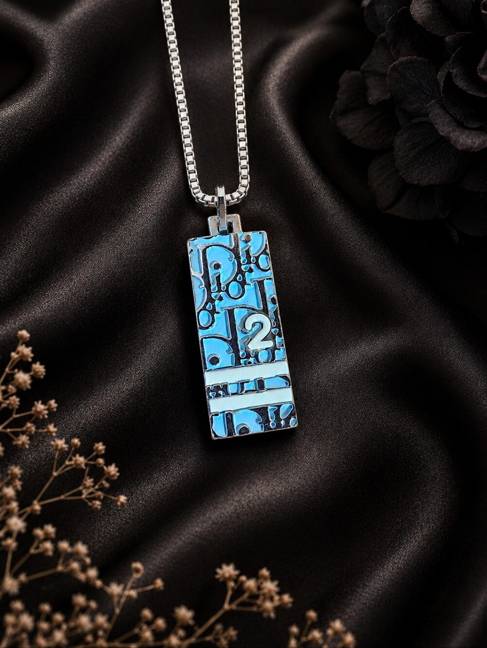 Elegant Dior Trotter Blue and Silver Pendant Necklace